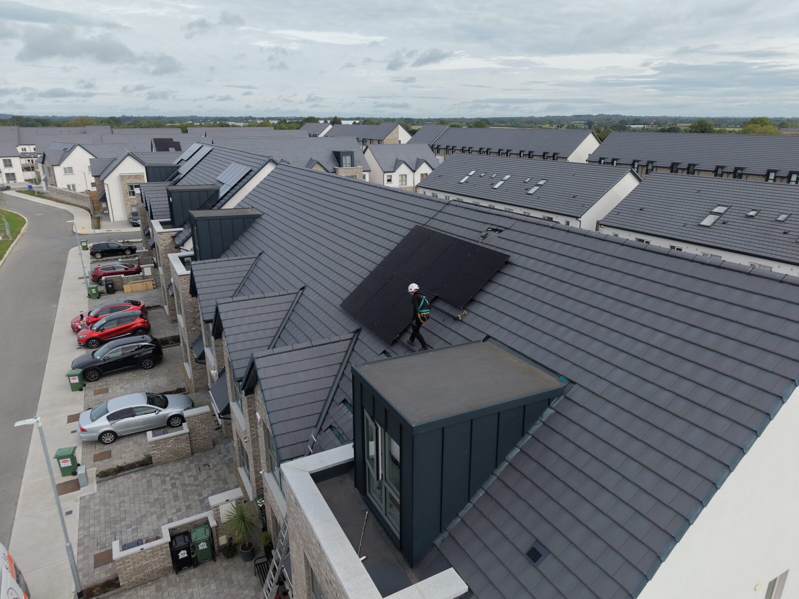 Aerial view of solar panels on Irish rooftops